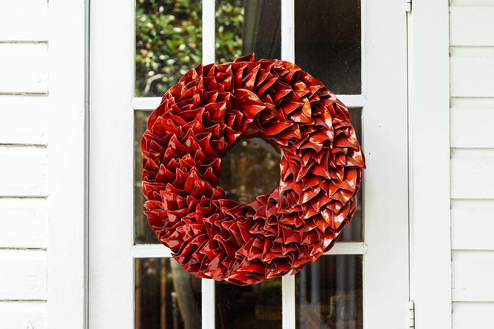 Pumpkin Lacquer wreath on white door